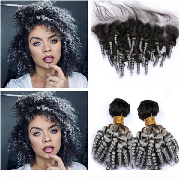 

#1b grey ombre aunty funmi brazilian human hair 2bundles and frontal bouncy curly ombre silver grey 13x4 lace frontal closure with weaves, Black;brown