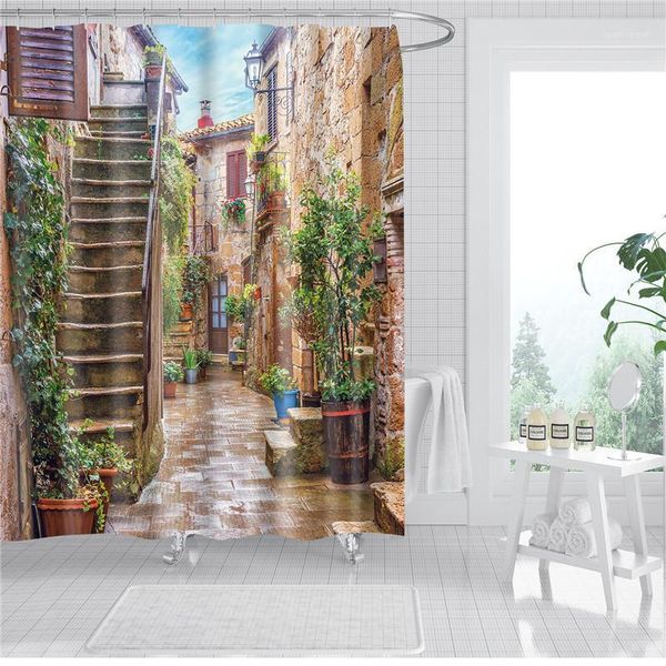 

3d waterproof fabric polyester shower curtains set landscape flowers style bathroom decoration accessories bath screen1