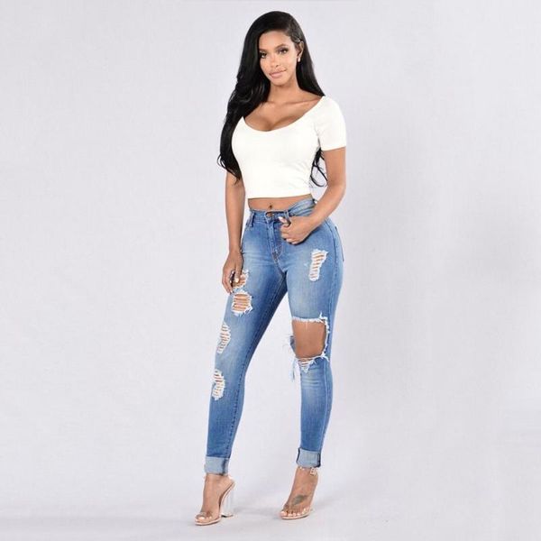 

women summer fashion hight waisted long pants pocket denim hole jeans stretch high skinny pencil length jeans with pockets 501, Blue