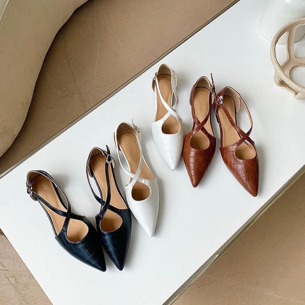 

sandals 2021 summer flats pointed toe hollow design cross strap shoes woman shallow soft work loafers fashion sandal1, Black