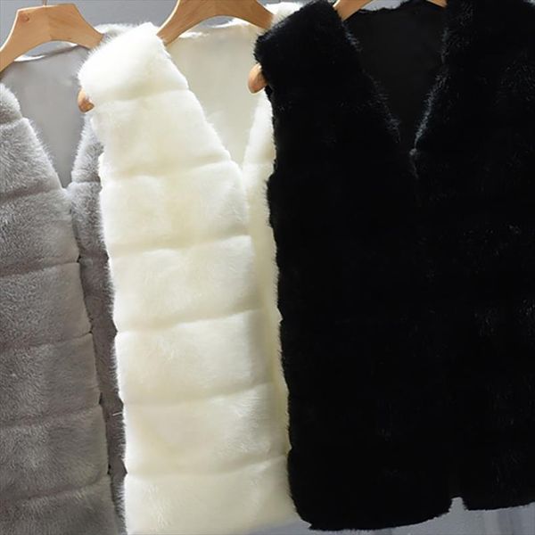 

faux fur vest jacket coat women winter thick warm outerwear overcoat parka sleeveless v neck short waistcoat plus size 4x, Black