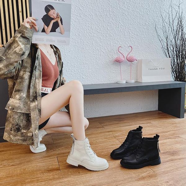 

boots leather british short boots women's versatile high comfortable round head lace up casual shoes children1, Black