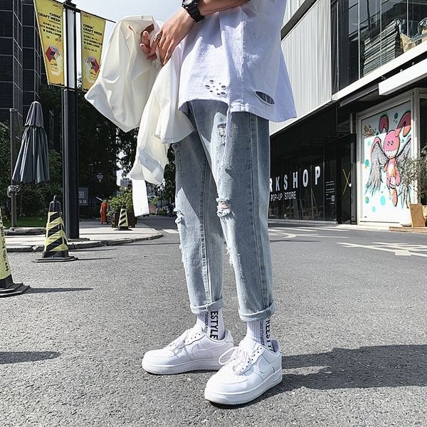 

5xlci summer ins 5fqzx nine-point men's trendy brand trendy teenager straight loose beggar casual hole-breaking pants jeans and jeans p, Blue