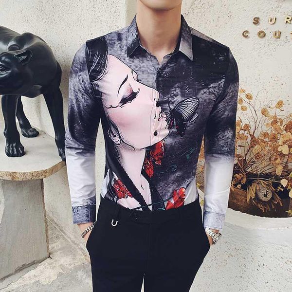 

floral shirt men fashion casual luxury long sleeve face design shirts men dress social business chemise homme streetwear1, White;black