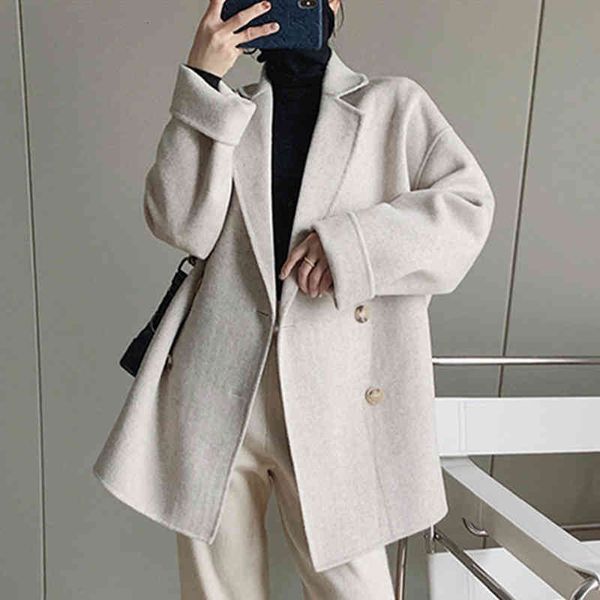 

women's wool & blends double-breasted wool-blend coat turn-down collar long sleeve solid color jacket with pockets n3k2, Black