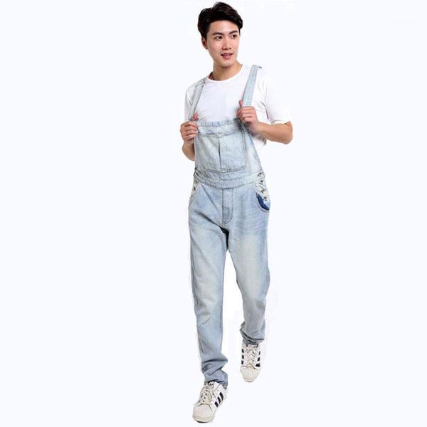 

light white denim bib male korean version of the suspenders pants large size loose casual denim trousers men's casual overalls1, Blue