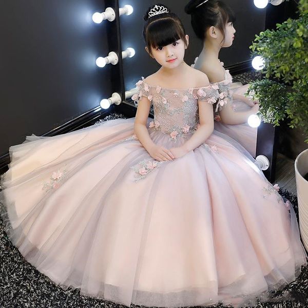 Нового прибытие цветы принцесса платье девушка Shoulderless Baptsim Розового Тюль Свадьба День рождение платье Дети Длинная Тута платье