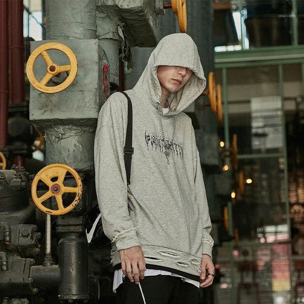 

men's japanese harajuku streetwear hoodie fake two pieces autumn cotton pullover clothes techwear hole hollow letters oversize1, Black;white