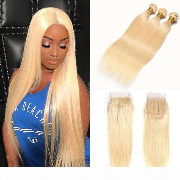 

brazilian platinum blonde human hair weave 3 bundles with 4x4 part lace closure straight #613 blonde hair extensions 10-24 inch, Black;brown