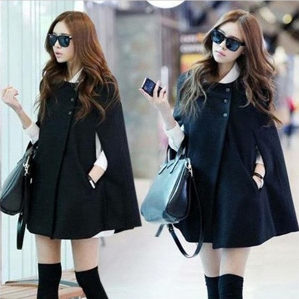 

vintage women wool blend black poncho coat winter cardigan outerwear office ladies shawl cape ponchos warm mid long coats femme