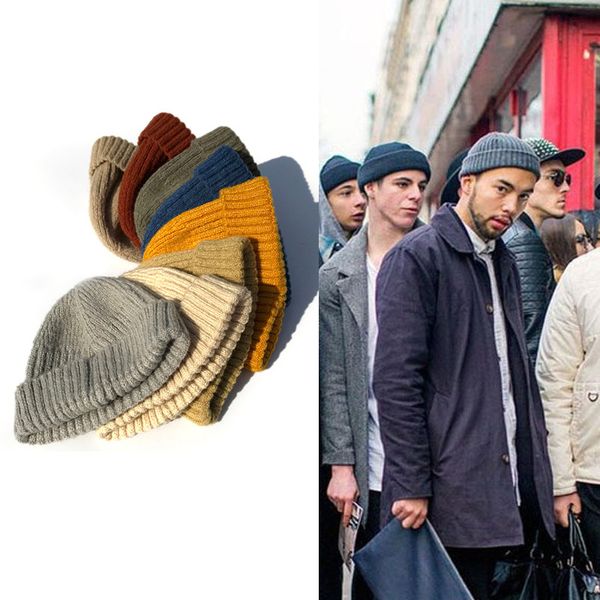 

winter ribbed knitted cuffed short melon cap solid color skullcap baggy retro ski fisherman docker beanie hat slouchy, Blue;gray