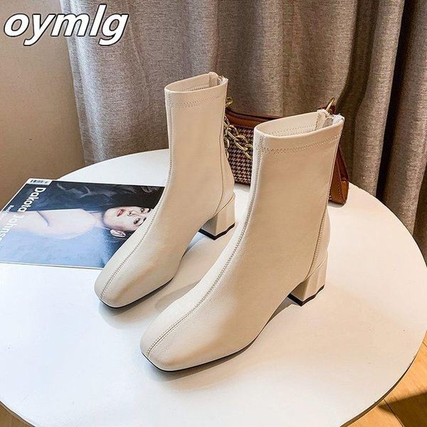

boots 2021 elegant women beige thick high heels ankle designer soft leather zippers sock vintage lady low heel shoes, Black