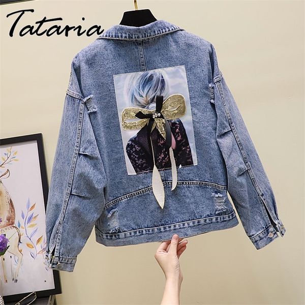 

women embroidery flowers denim jacket turn-down collar jean jacket for women loose casual ripped holes jean coat female outwear 201112, Black;brown