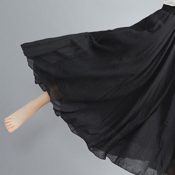 

supermiss women bohemian cotton linen double layer elastic waist long maxi skirt flowy full circle 2020 new loose skirts, Black