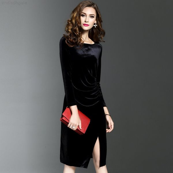

utoqr 2020 autumn new large size women's slim dress round neck long sleeve gold velvet bottoming a- line dress, Black;gray