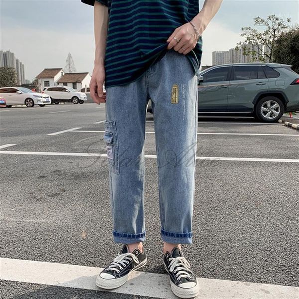 

2020 men's spring / summer new mid-waist straight ankle-length jeans loose wide leg teen casual pants1, Blue