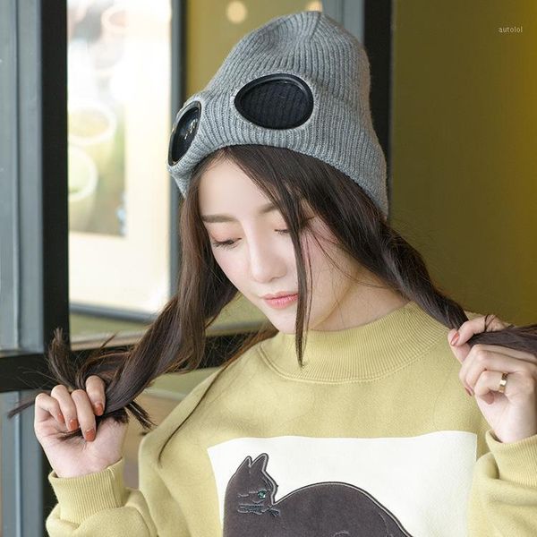 

windbreaker plush ski hat autumn fashion hat with glasses women winter1, Blue;gray