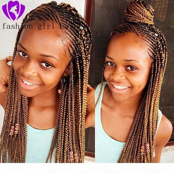

2020 new fashion style 13x4 lace front synthetic braided wigs long box braid wig african american women hairstyle middle part, Black;brown