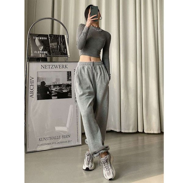 

winter 2020 new style high waisted drawstring loose thin, corset foot and plush sports casual pants, Black;gray