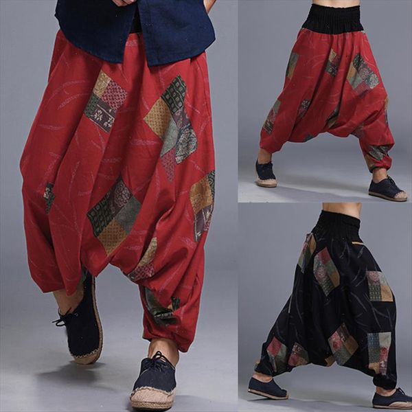 

incerun mens harem pants ethnic printing big crotch breathable male trousers retro loose lantern long pants 2020 plus size 5xl, Black