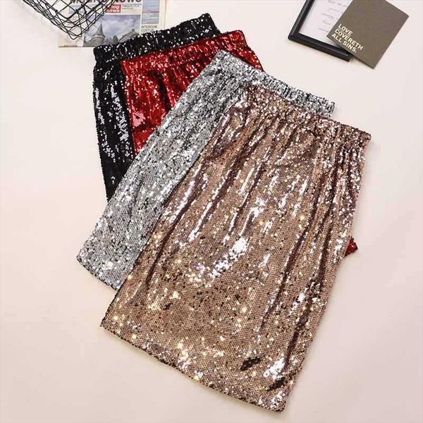 

women shiny sequin skirt high waist glitter silver gold stretchy pencil skirts ladies knee length party club midi skirt, Black