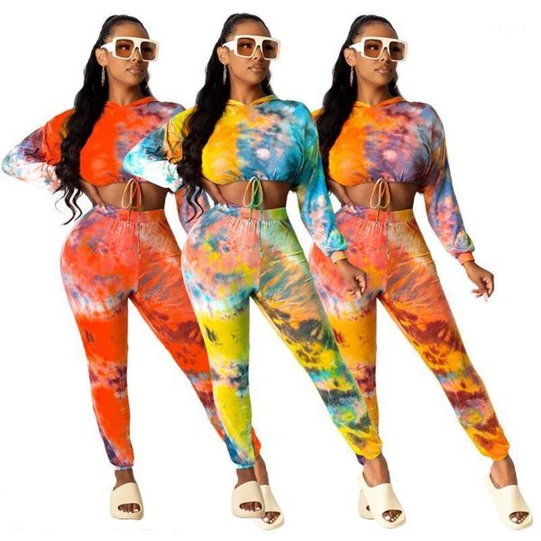 

selling women tie-dye printed tracksuits outfits lady casual lace-up hoodies high waist bodycon ankle-length two piece sets1, Gray