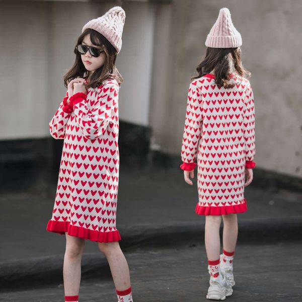 

parent child girls sweater drs autumn and thickened long sve children's princs winter skirt red 2020 new, Red;yellow