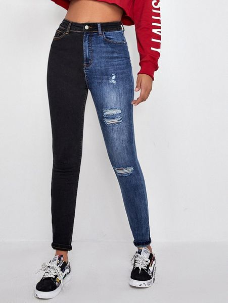 

high waist ripped two tone skinny jeans y80s#, Blue