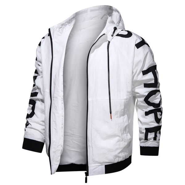 

2020 new autumn hoodied white drawstring stand collar letter windproof mens casual zipper men jacket