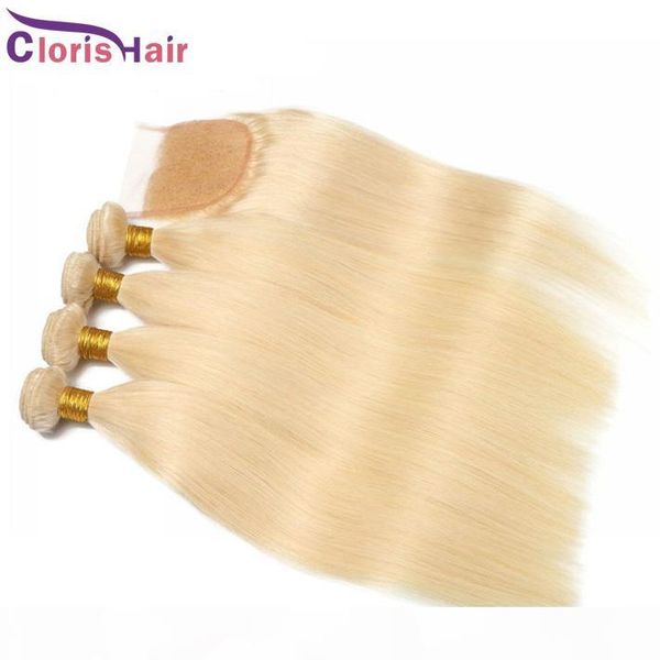 

bleach blonde hair bundles closure raw virgin indian silk straight human hair weaves with lace closure blond 613 weft with closure, Black