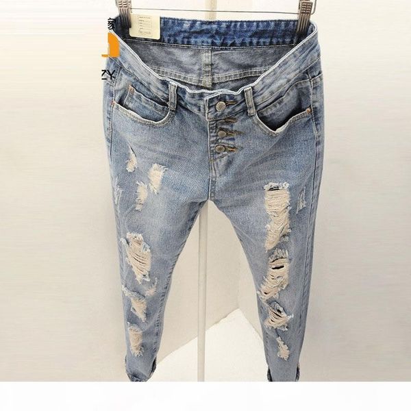 

wholesale- 2016 summer style women jeans ripped holes harem pants jeans slim vintage boyfriend jeans for women high waist long pencil pants, Blue