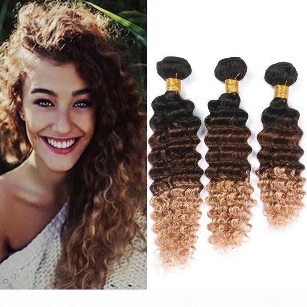 

wholesale 1b 4 27 honey blonde ombre brazilian virgin human hair extensions 3pcs deep wave ombre bundles deals three tone colored weaves, Black