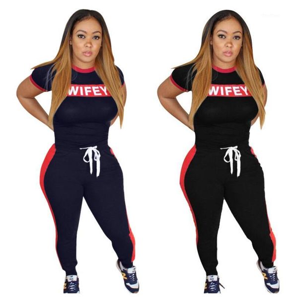 

women's tracksuits 2021 casual womens 2 piece set wifey letter short sleeve t shirts and skinny pants women set1, Gray