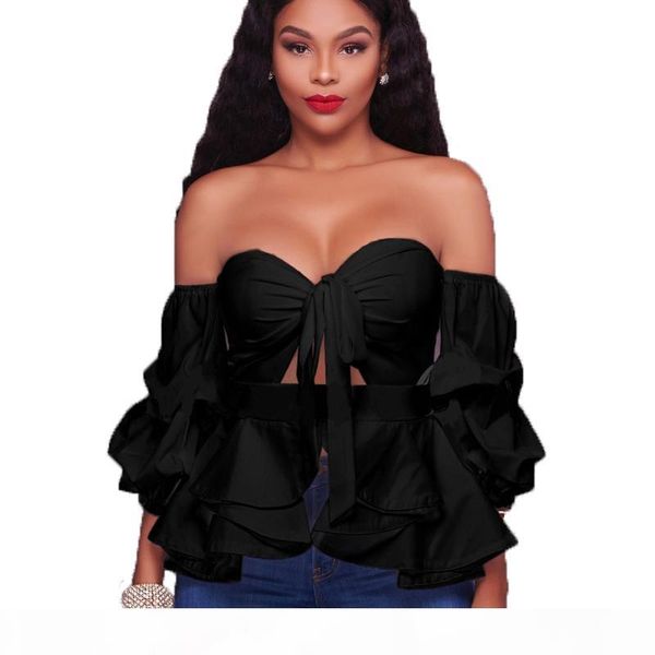 

cut out shoulder strapless leisure blouse female long sleeve shirt fashion ruffle autumn black white ing