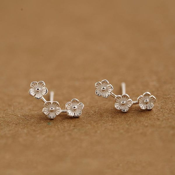 

13.2*4.1mm 100% handmade girls flowers in rows 925 pure sterling silver women cute jewelry simple earrings with box, Golden;silver