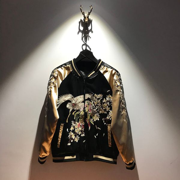 

two wear embroidery baseball autumn women's jacket uniform coat golden phoenix pilots bomber jacket men's satin fabrics for coat 2, Black;brown