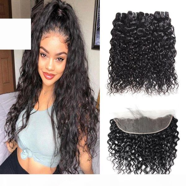 

brazilian virgin hair 13*2.5 lace frontal closure with 4 bundles body deep loose indian human hair bundles with closure water kinky curly, Black