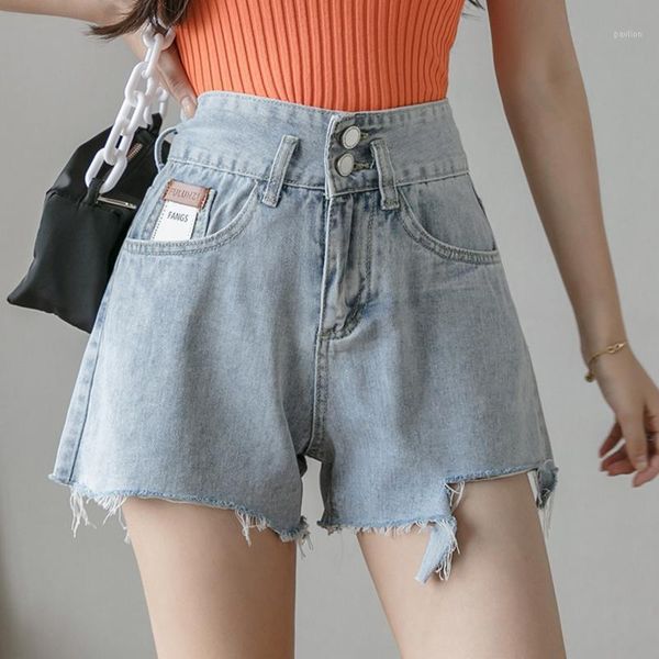 

hong kong-style denim shorts for women 2020 new summer thin high-waisted a-line slimming high-breasted pants1, Blue