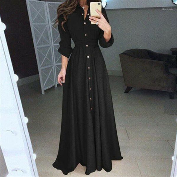 

women dress 2019 fall vintage fashion solid tunic casual dresses long sleeve vestidos button red white black dress female brand1, Black;gray