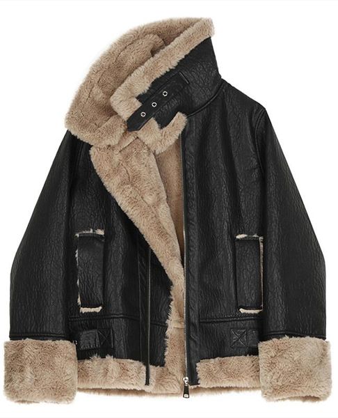 

women's fur & faux 2021 winter plus velvet thick leather jacket ladies korean loose locomotive style imitation coat, Black
