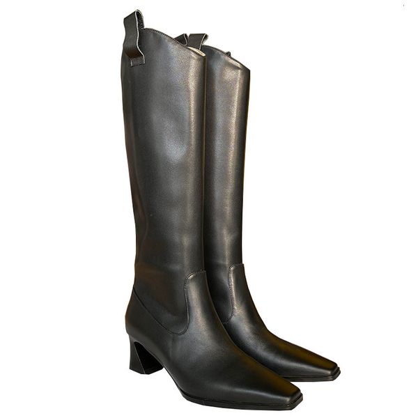 

new arrival 2021 feminine ladies genuine lether knee high boots thick women's shoes toe opzm, Black