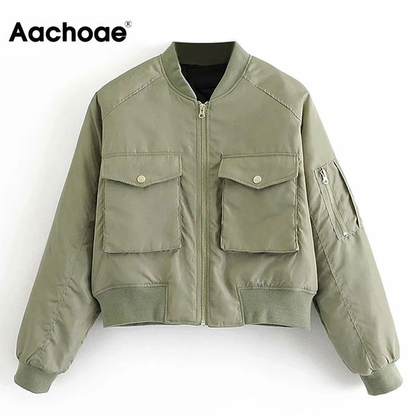

aachoae fashion padded bomber jacket women streetwear long sleeve zipper warm coat autumn winter casual pockets outerwear 201026, Black;brown