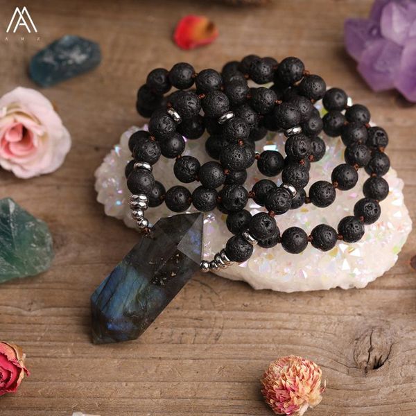 

chains natural flash labradorite stone double point beads pendant 8mm black lava knotted mala necklace for women yoga jewerly, Silver