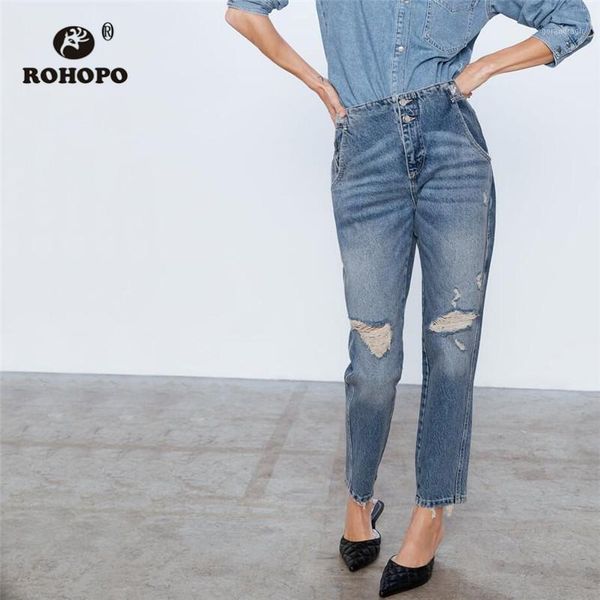 

rohopo washed cotton denim jeans shiny waist front ripped hole back welted pockets retro blue denim bottom #12001