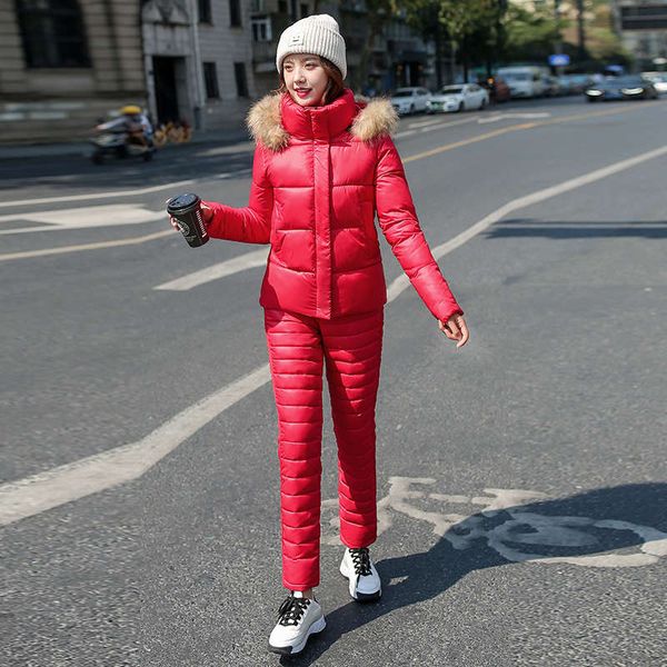 

new korean fashion hooded down jacket clover women's leisure sports two piece suit, Gray