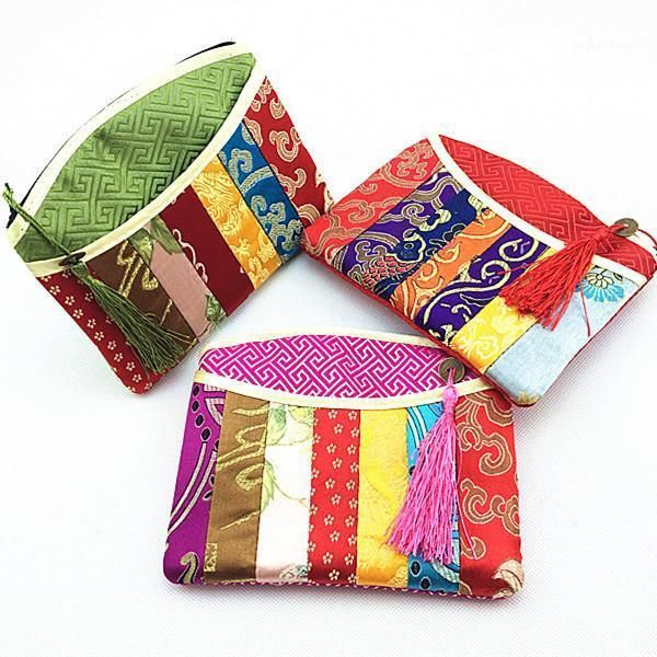 

gift wrap 10pcs tassel patchwork chinese silk brocade zip pouches women bag christmas coin purse wedding party favors phone wallet1