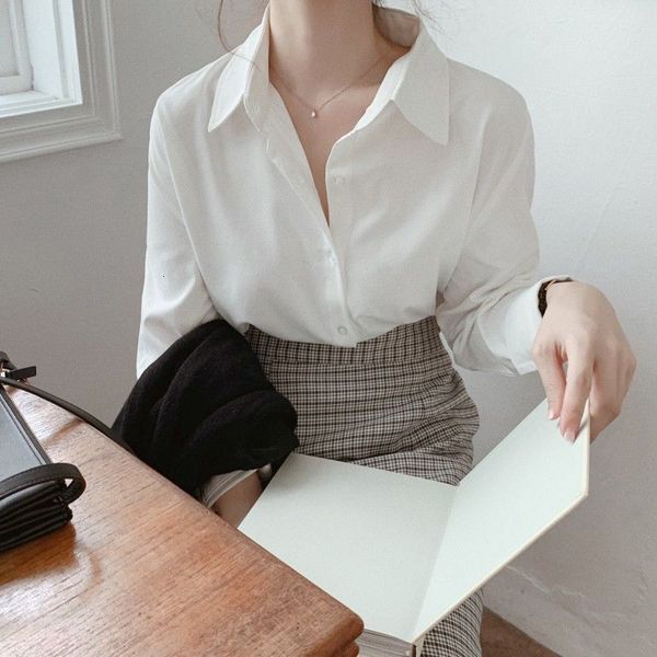 

2021 hong kong loose retro long female design niche new spring and autumn port-style white shirt hbmh