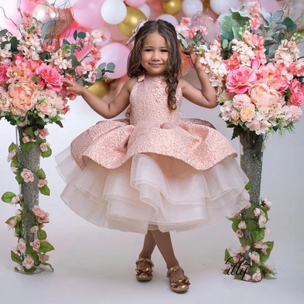 Adorável rosa flor menina vestido para casamentos com 3d floral apliques bebê aniversário tutu vestidos de pageant