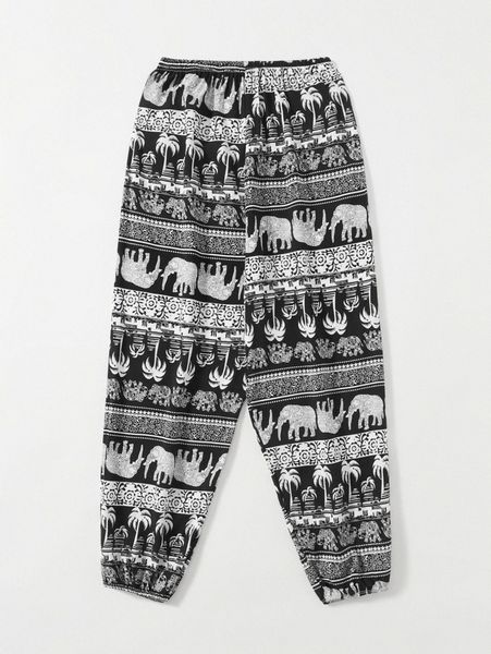 

1pc elephant and tropical print tapered pants p1ir#, Black;white
