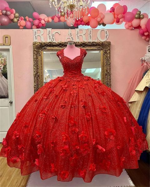 Vestidos de XV Años Vermelho Quinceanera Vestidos Applique Beaded Arábico Princesa Vestidos para 15 Anos Mexican Girl Birthday Birthday